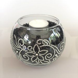 Candle holder, vase, large, short. Flowers leaves rhinestone design wraps around